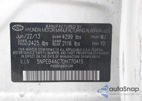 2013 Hyundai Sonata Gls z USA, uszkodzony, nr VIN 5NPEB4AC7DH770415